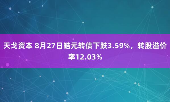 天戈资本 8月27日皓元转债下跌3.59%，转股溢价率12.03%